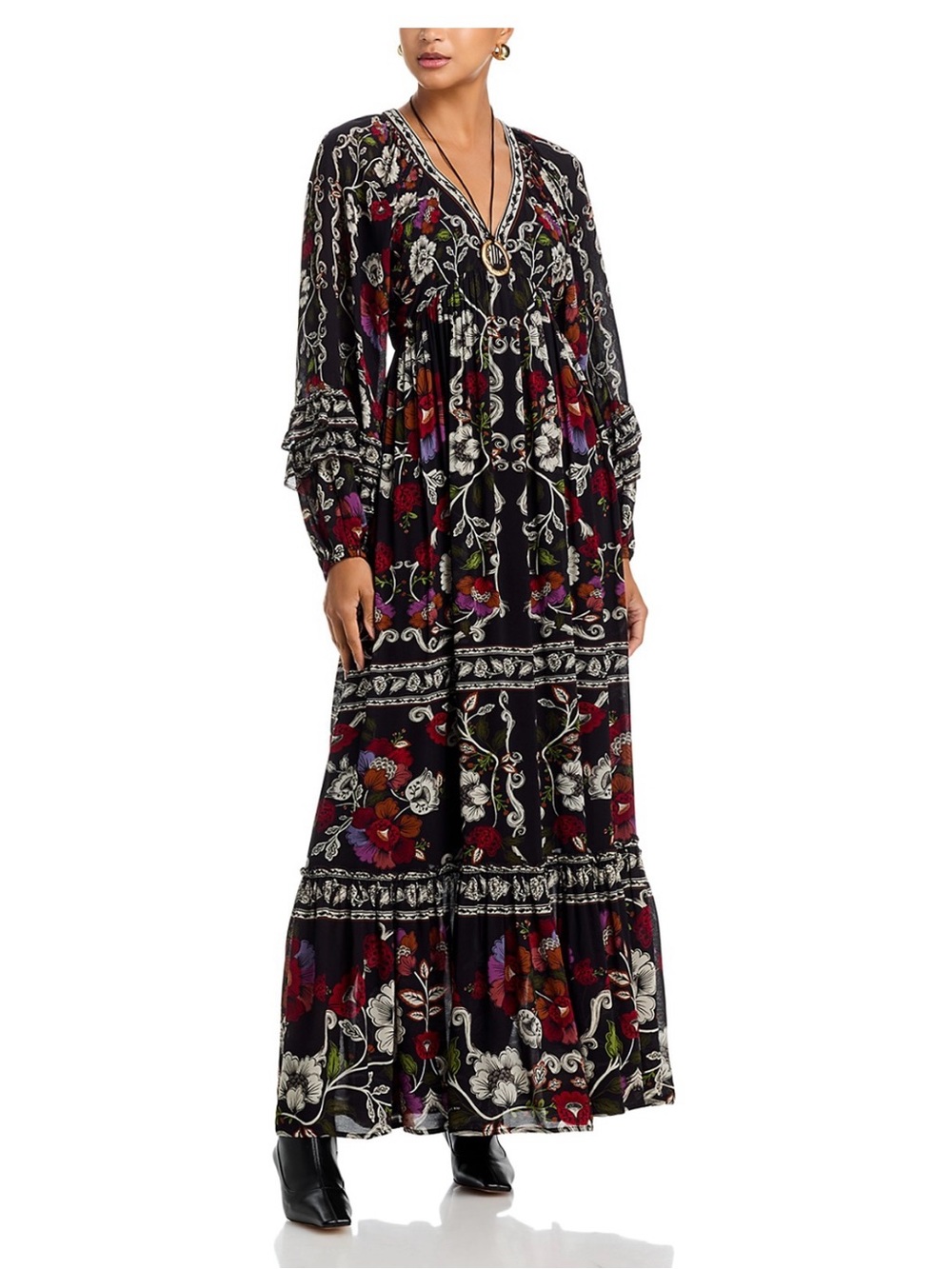 Farm Rio Boho Floral Maxi dress in Black and Burgundy